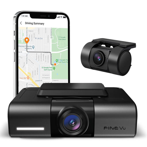 FineVu GX1000 2K QHD Dual-Channel Dash Cam - Dash Cams - FineVu GX1000 2K QHD Dual-Channel Dash Cam - 128GB, 2-Channel, 2K QHD @ 30 FPS, ADAS, Adhesive Mount, App Compatible, Camera Alerts, Desktop Viewer, G-Sensor, GPS, Hardwire Install, Loop Recording, Mobile App, Mobile App Viewer, Night Vision, Parking Mode, sale, Security, South Korea, Super Capacitor, Voice Alerts, Wi-Fi - BlackboxMyCar