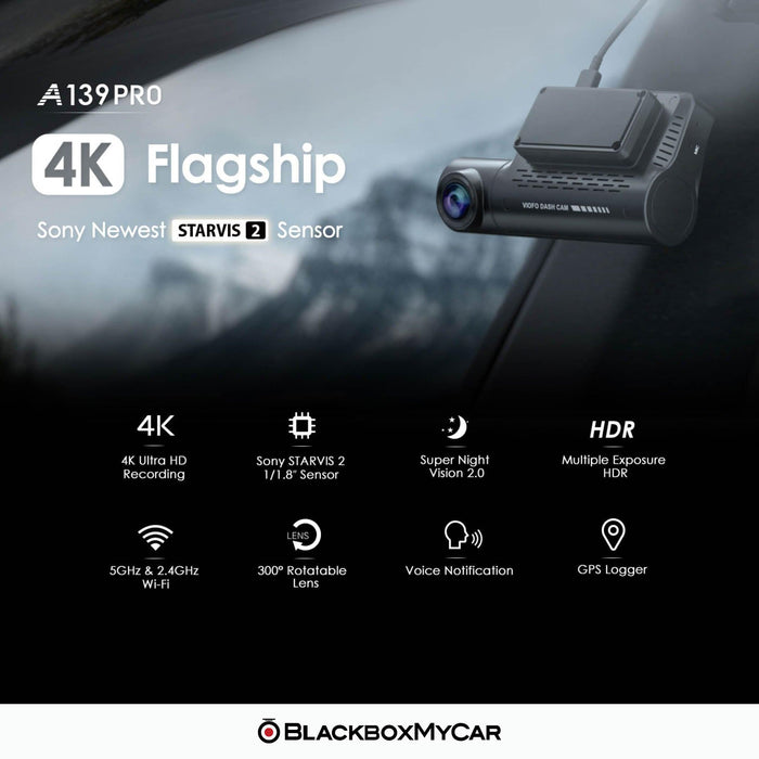 VIOFO A139 Pro 4K 3-Channel Dash Cam with GPS - Dash Cams - VIOFO A139 Pro 4K 3-Channel Dash Cam with GPS - 3-Channel, 4K UHD @ 30 FPS, Adhesive Mount, App Compatible, China, G-Sensor, GPS, Hardwire Install, Infrared (IR), Loop Recording, Mobile App, Mobile App Viewer, Night Vision, Parking Mode, Security, Super Capacitor, Wi-Fi - BlackboxMyCar